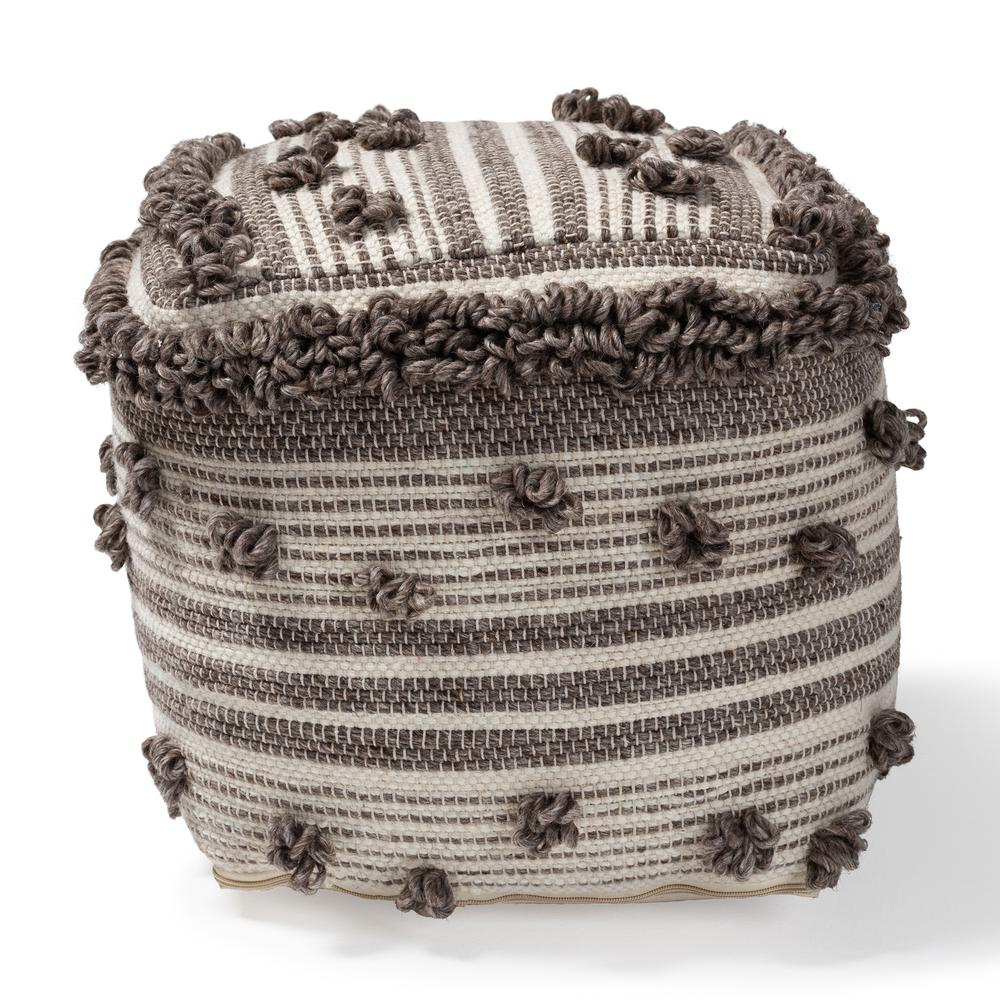 Boho Aesthetic Eligah Moroccan Inspired Ivory and Brown Handwoven Wool Pouf Ottoman | Biophilic Design Airbnb Decor Furniture 