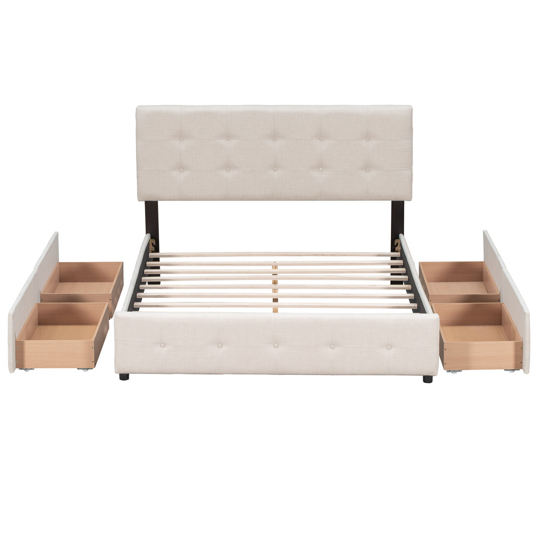 Upholstered Plush Queen Platform Bed with Classic Headboard and 4 Drawers - Mediterranean Italian Contemporary Home Decor Furniture