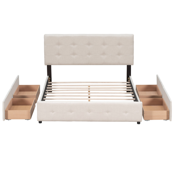 Upholstered Plush Queen Platform Bed with Classic Headboard and 4 Drawers - Mediterranean Italian Contemporary Home Decor Furniture
