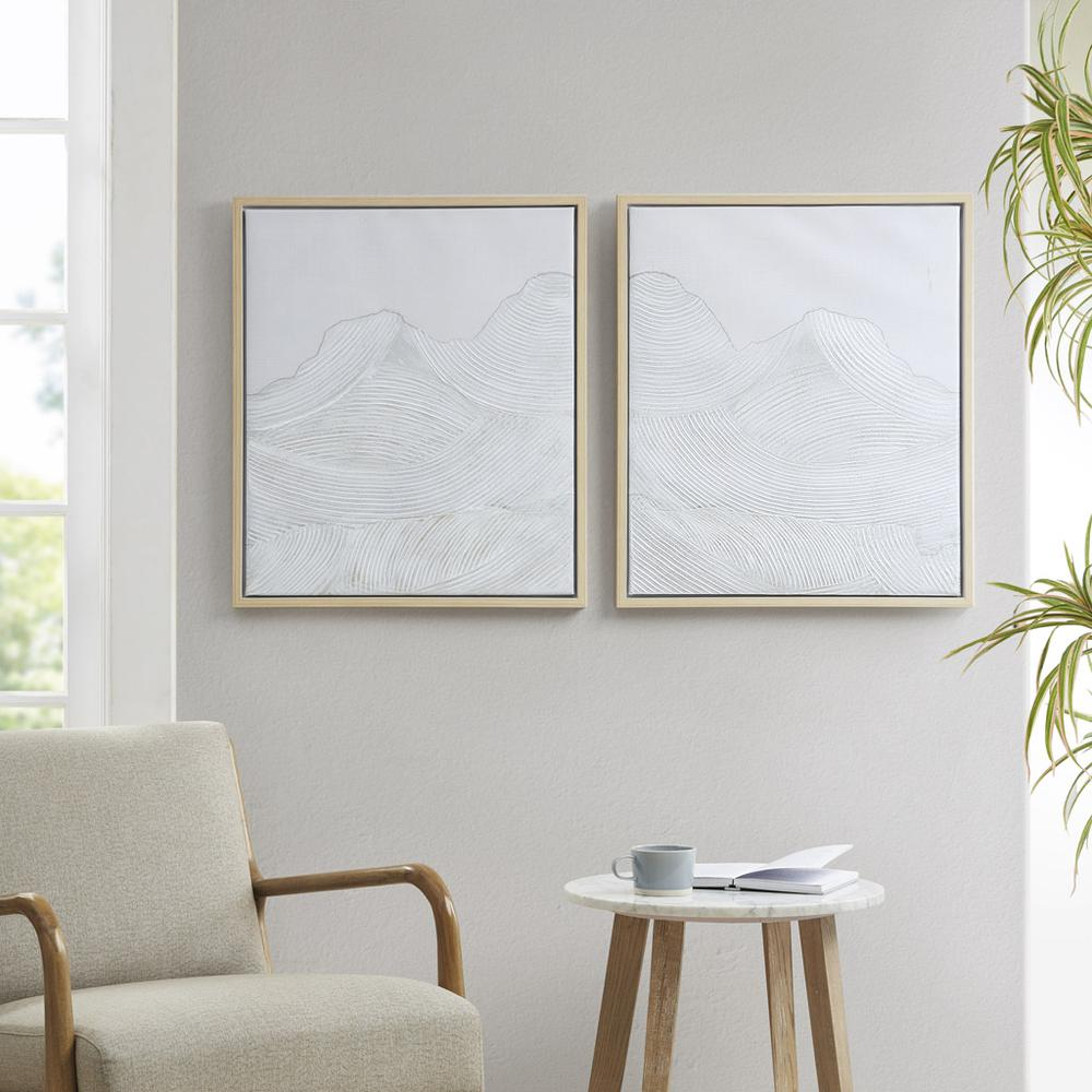 Boho Aesthetic White Textured Abstract 2-piece Framed Canvas Wall Art Set | Biophilic Design Airbnb Decor Furniture 