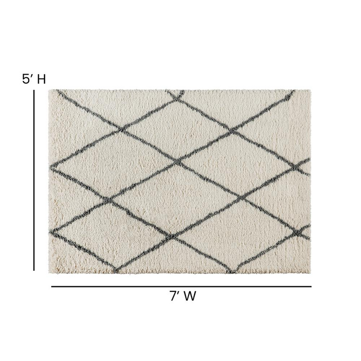 Boho Aesthetic Shag Style Diamond Trellis Area Rug - 5' x 7' - Ivory/Gray Polyester (PET) | Biophilic Design Airbnb Decor Furniture 