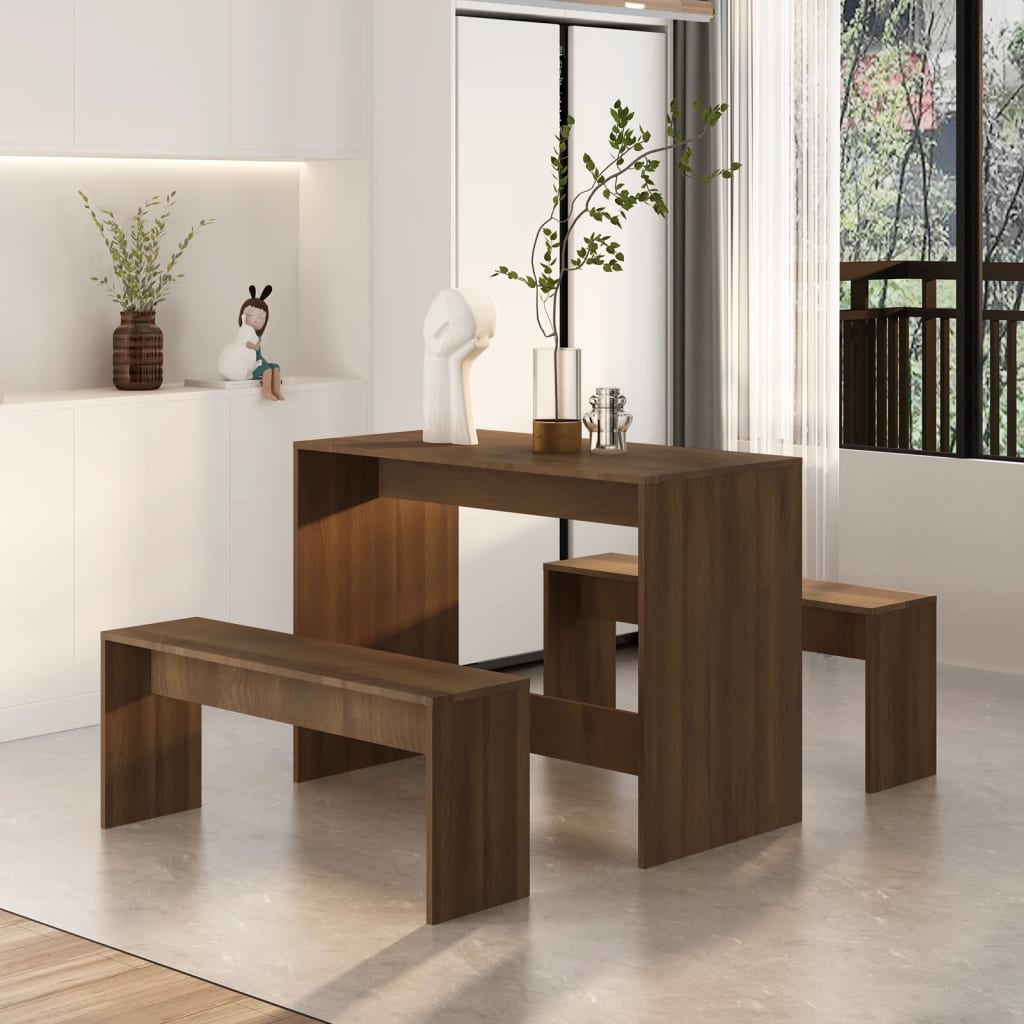 Boho Aesthetic 3 Piece Dining Set Brown Oak Engineered Wood | Biophilic Design Airbnb Decor Furniture 