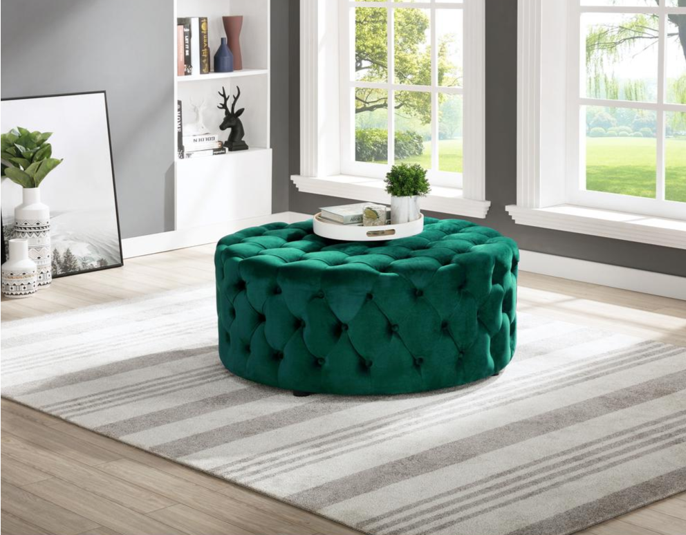 Boho Aesthetic Biophilic Round Green Velvet Fabric Ottoman | Biophilic Design Airbnb Decor Furniture 