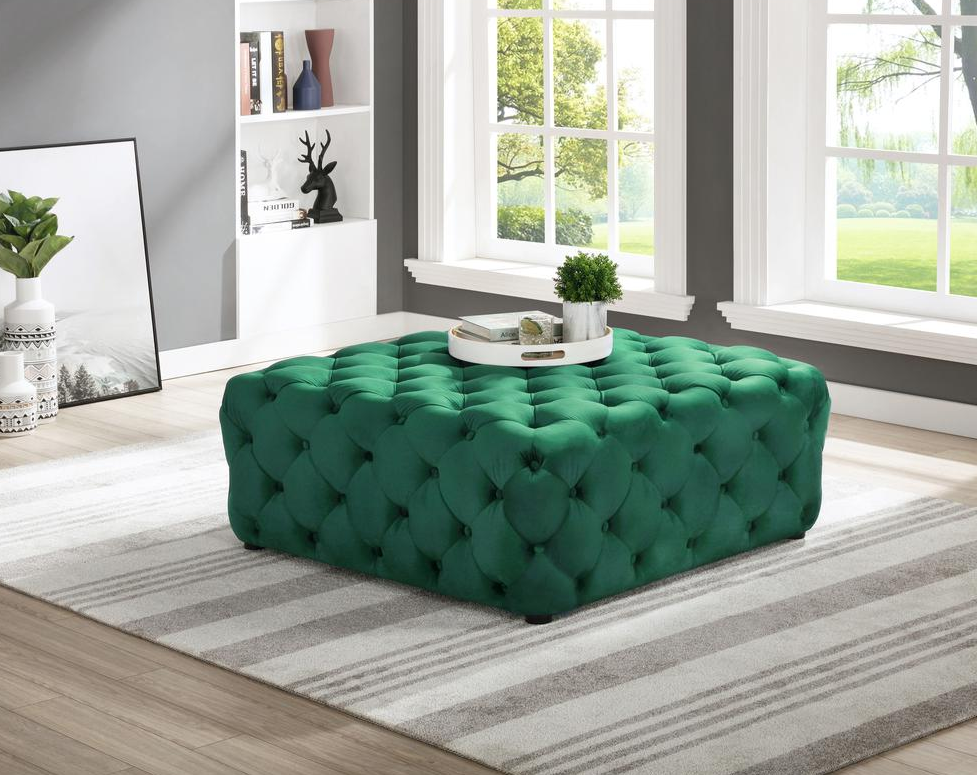 Boho Aesthetic Biophilic Square Transitional Velvet Fabric Ottoman in Green | Biophilic Design Airbnb Decor Furniture 