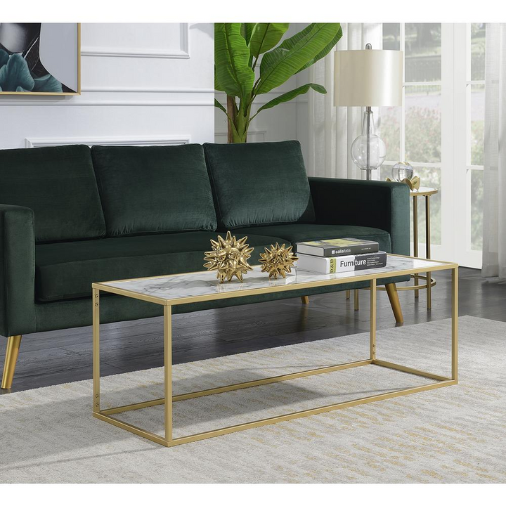 Boho Aesthetic Gold Coast Faux Marble Rectangle Coffee Table | Biophilic Design Airbnb Decor Furniture 