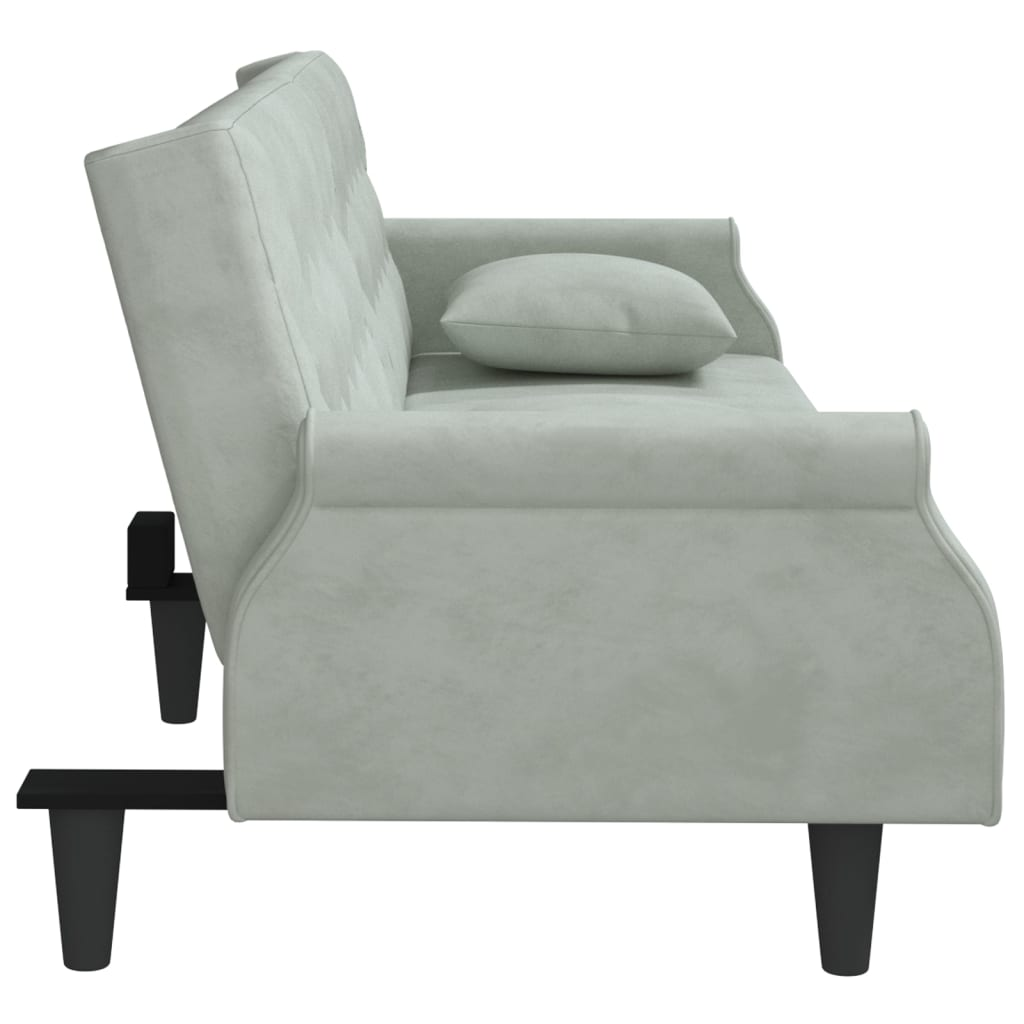 Boho Aesthetic Modern Sofa Bed with Armrests Light Gray Velvet | Biophilic Design Airbnb Decor Furniture 