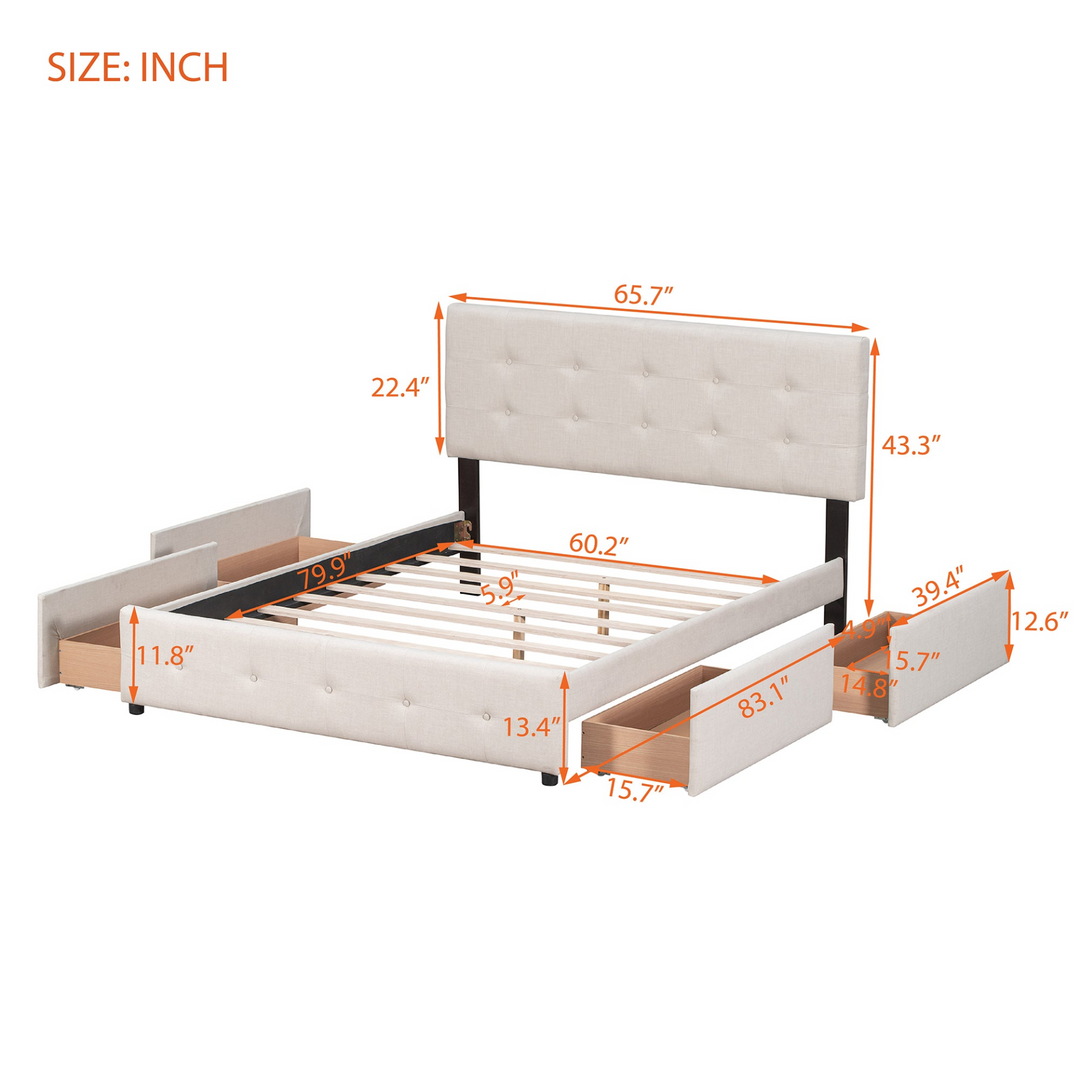 Upholstered Plush Queen Platform Bed with Classic Headboard and 4 Drawers - Mediterranean Italian Contemporary Home Decor Furniture