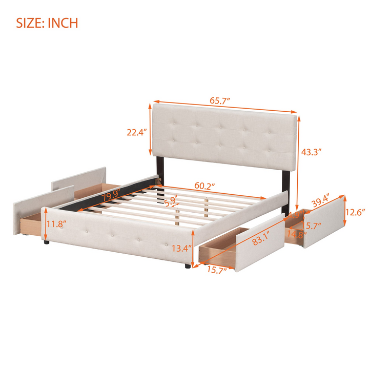 Upholstered Plush Queen Platform Bed with Classic Headboard and 4 Drawers - Mediterranean Italian Contemporary Home Decor Furniture