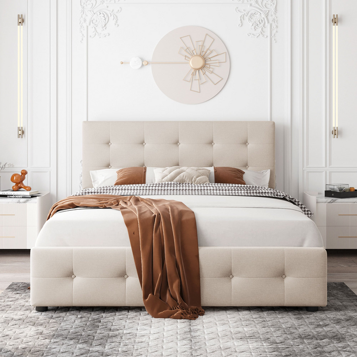Upholstered Plush Queen Platform Bed with Classic Headboard and 4 Drawers - Mediterranean Italian Contemporary Home Decor Furniture