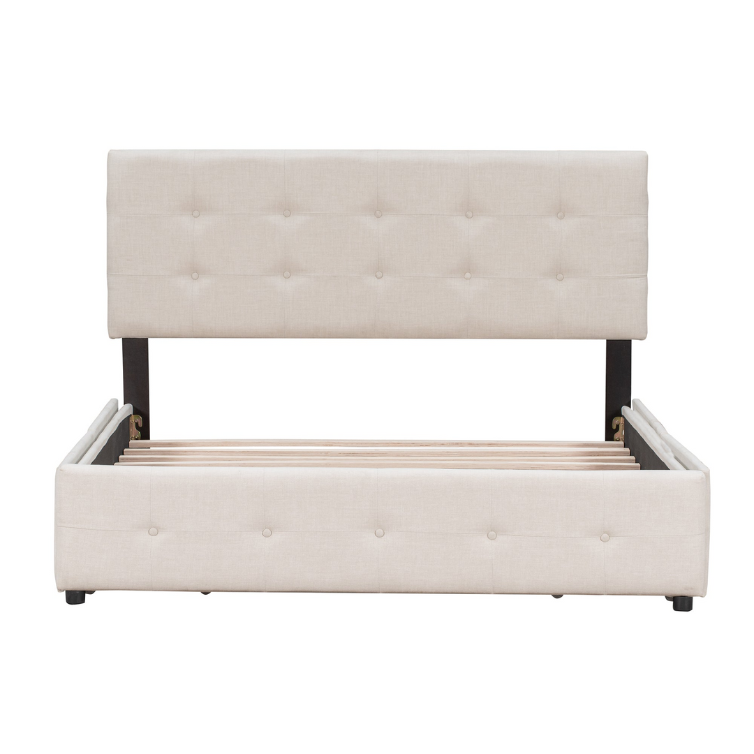 Upholstered Plush Queen Platform Bed with Classic Headboard and 4 Drawers - Mediterranean Italian Contemporary Home Decor Furniture