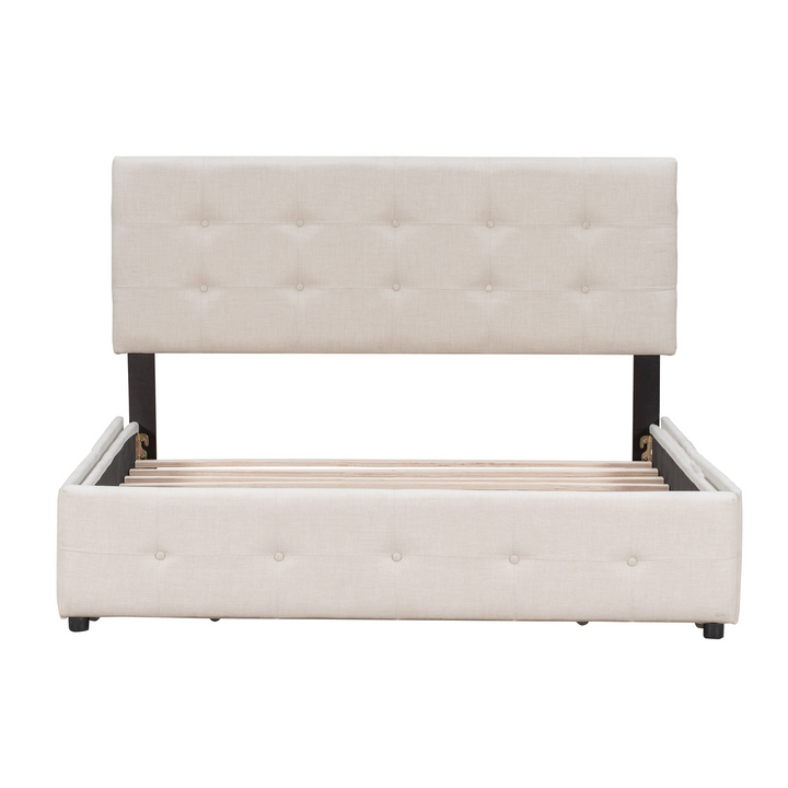 Upholstered Plush Queen Platform Bed with Classic Headboard and 4 Drawers - Mediterranean Italian Contemporary Home Decor Furniture