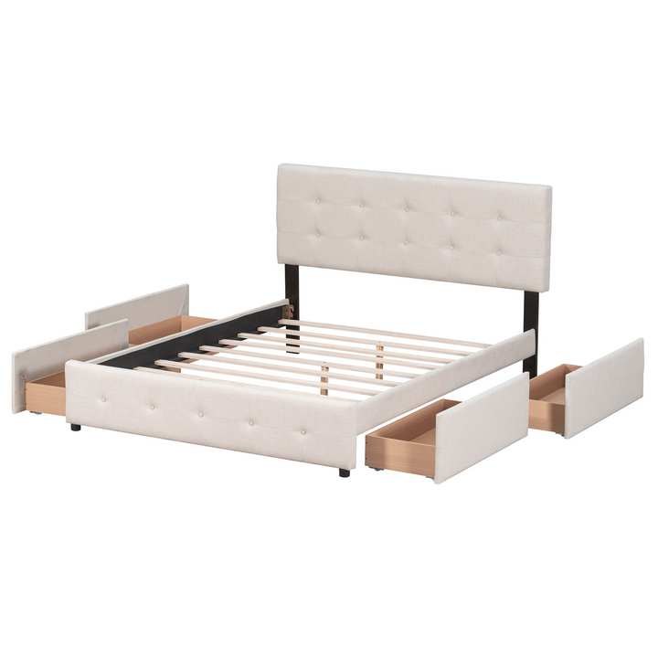 Upholstered Plush Queen Platform Bed with Classic Headboard and 4 Drawers - Mediterranean Italian Contemporary Home Decor Furniture