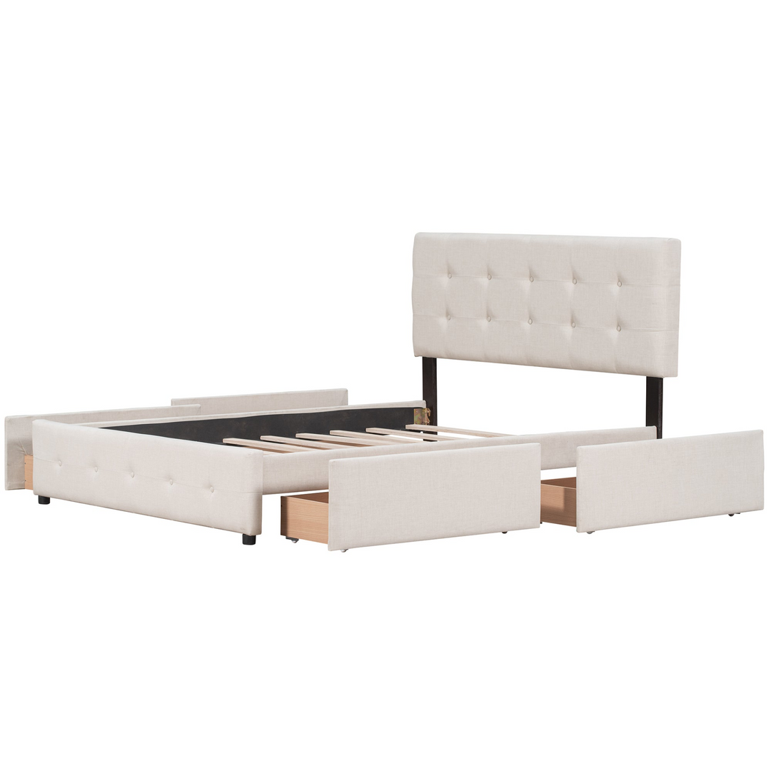 Upholstered Plush Queen Platform Bed with Classic Headboard and 4 Drawers - Mediterranean Italian Contemporary Home Decor Furniture