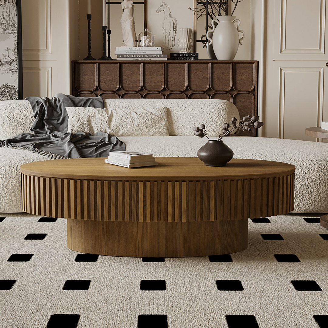 Oval Mediterranean Farmhouse Coffee Table with Storage Solid Wood Veneered Modern Coffee Table - Mediterranean Italian Contemporary Home Decor Furniture