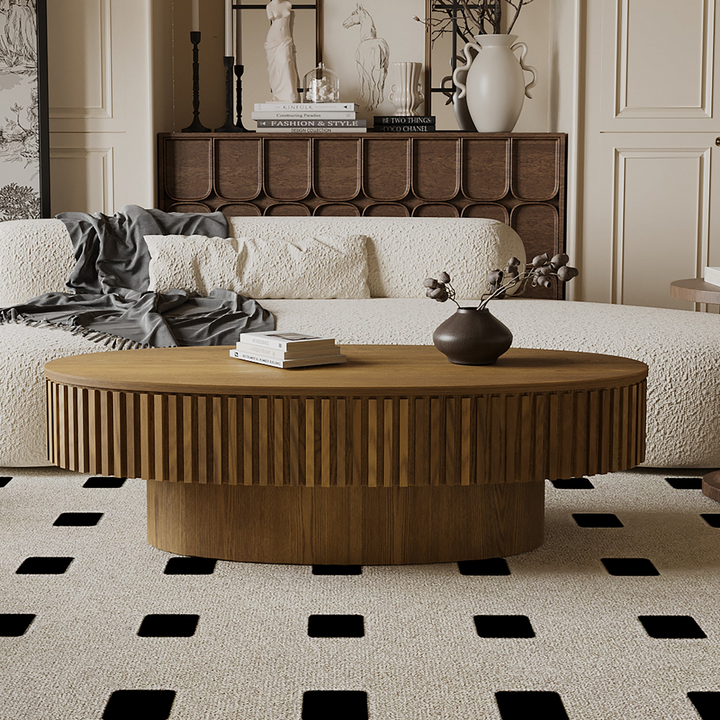 Oval Mediterranean Farmhouse Coffee Table with Storage Solid Wood Veneered Modern Coffee Table - Mediterranean Italian Contemporary Home Decor Furniture