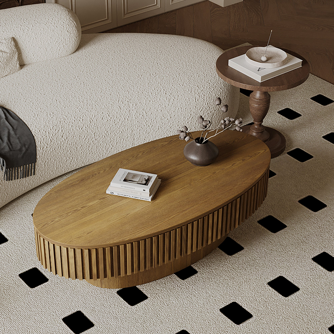 Oval Mediterranean Farmhouse Coffee Table with Storage Solid Wood Veneered Modern Coffee Table - Mediterranean Italian Contemporary Home Decor Furniture