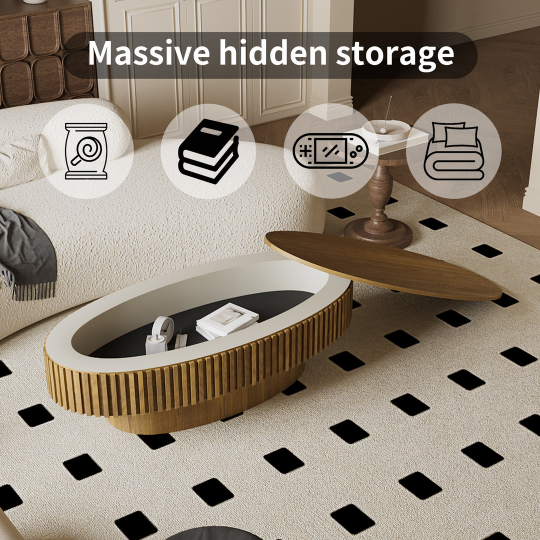 Oval Mediterranean Farmhouse Coffee Table with Storage Solid Wood Veneered Modern Coffee Table - Mediterranean Italian Contemporary Home Decor Furniture