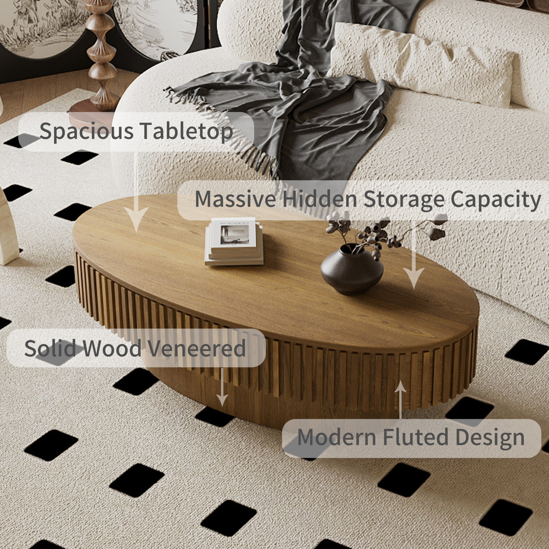 Oval Mediterranean Farmhouse Coffee Table with Storage Solid Wood Veneered Modern Coffee Table - Mediterranean Italian Contemporary Home Decor Furniture