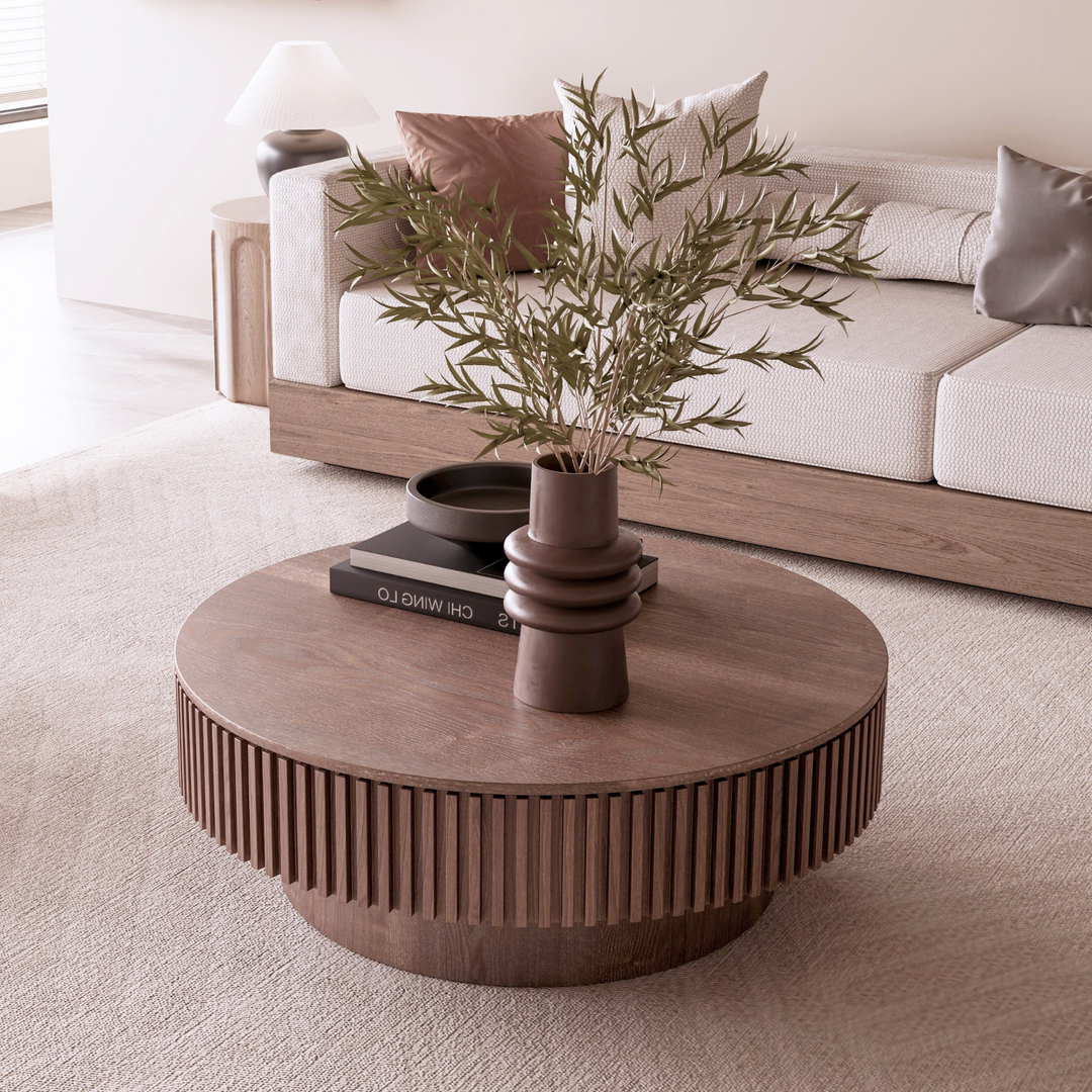 Round Walnut Mediterranean Farmhouse Coffee Table - Mediterranean Italian Contemporary Home Decor Furniture
