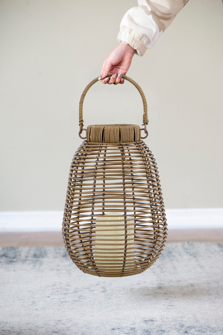 Buy farmhouse furniture Rattan Mediterranean Italian White Lantern with White LED Candle - Modern Cottage Farmhouse Furniture