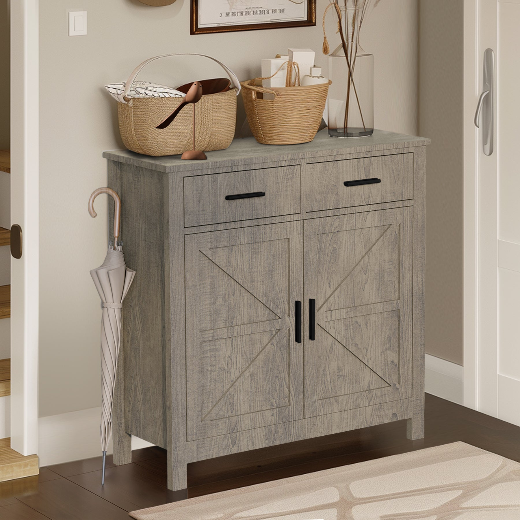 Modern Farmhouse Foyer with 2 Drawers and 2 Doors for Versatile Home Organization - Mediterranean Italian Contemporary Home Decor Furniture