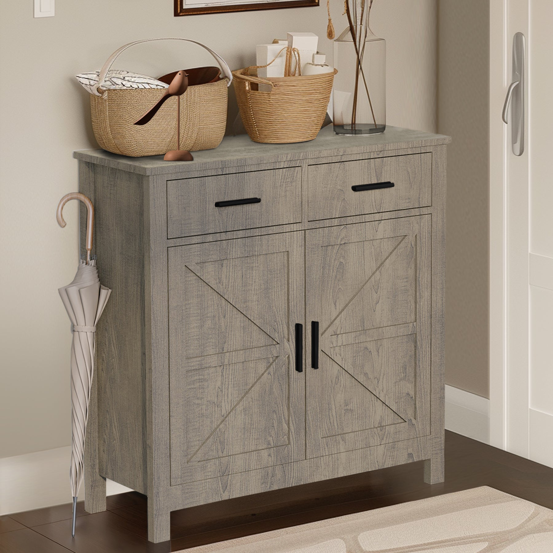 Modern Farmhouse Foyer with 2 Drawers and 2 Doors for Versatile Home Organization - Mediterranean Italian Contemporary Home Decor Furniture