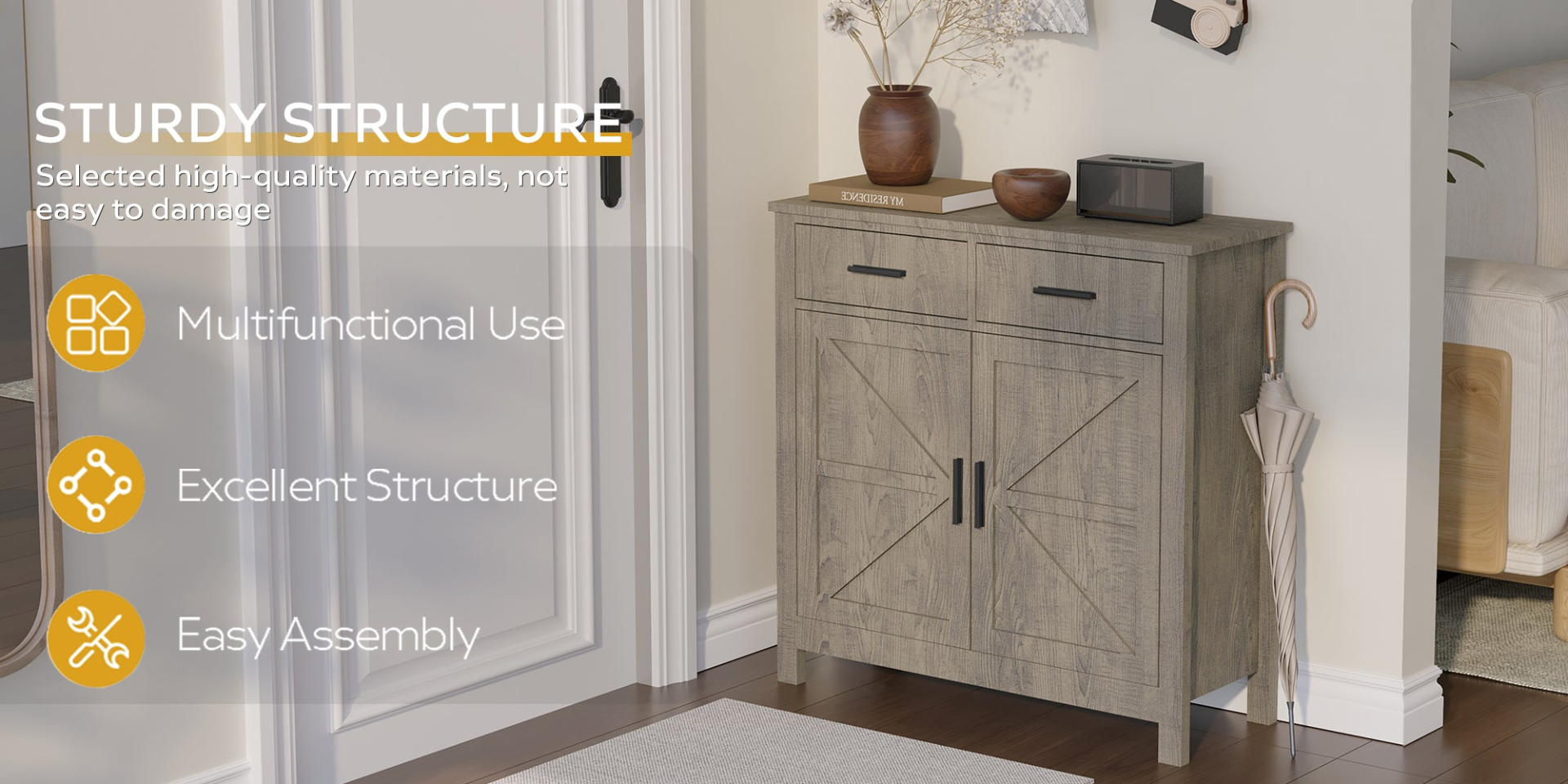 Modern Farmhouse Foyer with 2 Drawers and 2 Doors for Versatile Home Organization - Mediterranean Italian Contemporary Home Decor Furniture