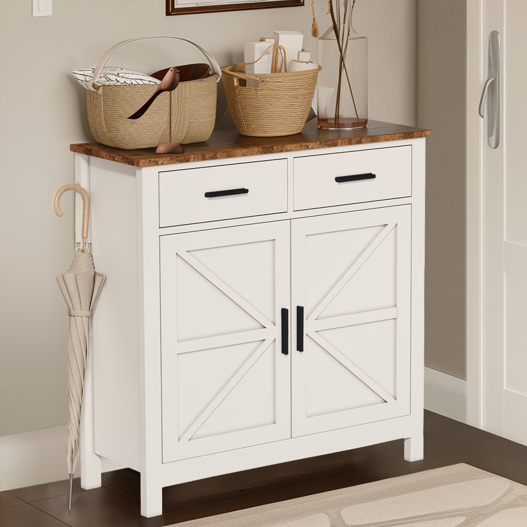 Modern Farmhouse Foyer with 2 Drawers and 2 Doors for Versatile Home Organization - Mediterranean Italian Contemporary Home Decor Furniture