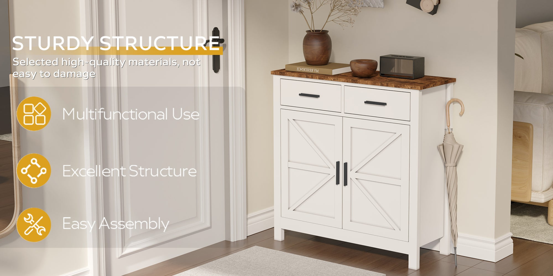 Modern Farmhouse Foyer with 2 Drawers and 2 Doors for Versatile Home Organization - Mediterranean Italian Contemporary Home Decor Furniture