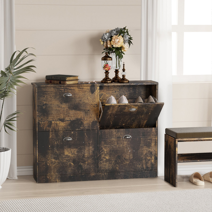 Mediterranean Farmhouse Entryway Foyer Shoe Rack Cabinet with 4 Drawers for Entryway - Mediterranean Italian Contemporary Home Decor Furniture