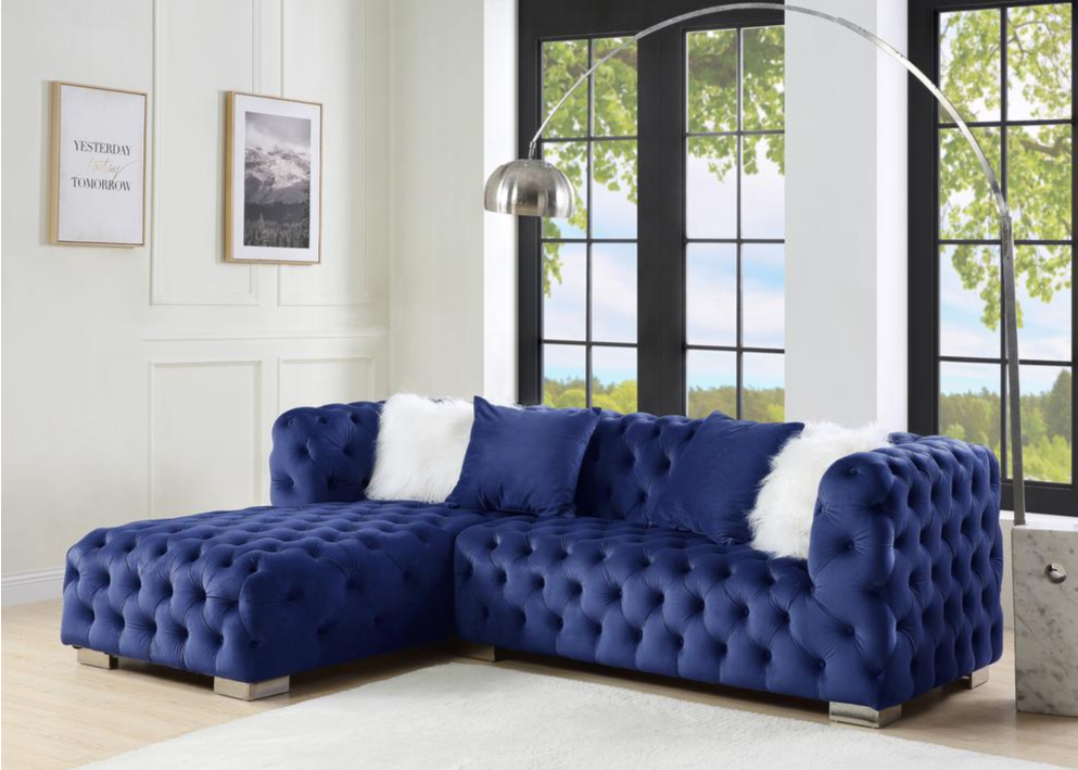 Boho Aesthetic Velvet Blue Velvet Luxurious Button Tufted Sectional Sofa w/4 Pillows | Biophilic Design Airbnb Decor Furniture 