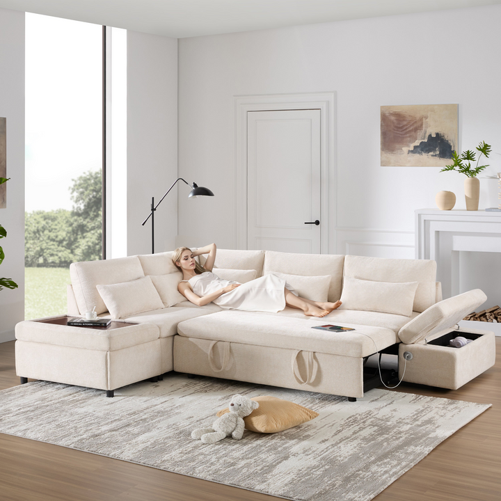 Buy farmhouse furniture Sectional Sleeper Mediterranean Style Farmhouse Sectional Sofa Couch Bed, Pull-Out L-Shape Couch - Modern Cottage Farmhouse Furniture