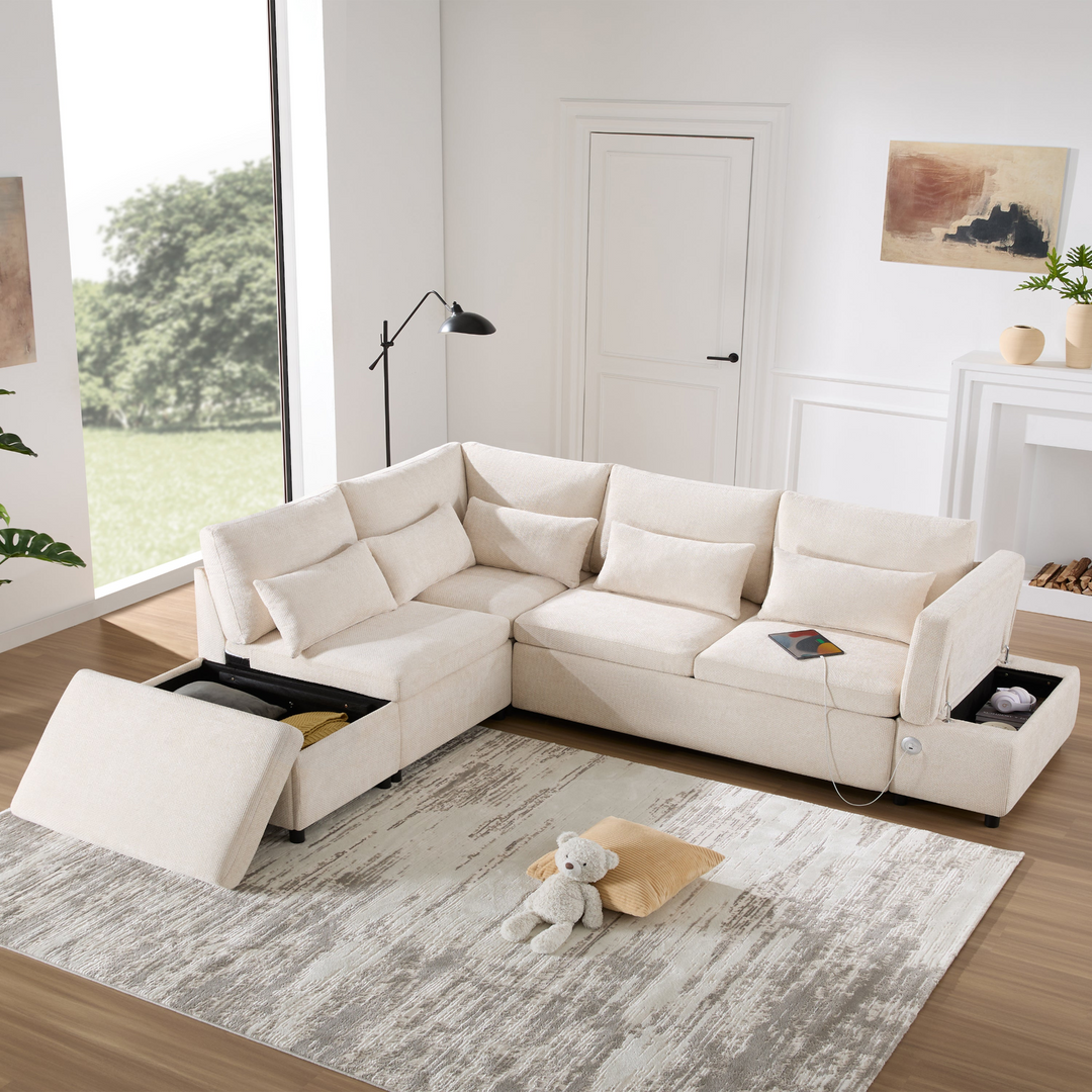 Buy farmhouse furniture Sectional Sleeper Mediterranean Style Farmhouse Sectional Sofa Couch Bed, Pull-Out L-Shape Couch - Modern Cottage Farmhouse Furniture