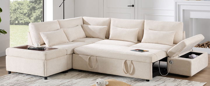 Buy farmhouse furniture Sectional Sleeper Mediterranean Style Farmhouse Sectional Sofa Couch Bed, Pull-Out L-Shape Couch - Modern Cottage Farmhouse Furniture