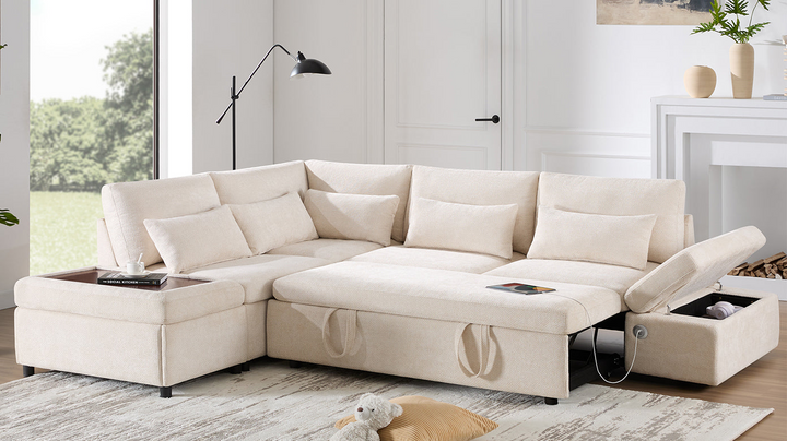 Buy farmhouse furniture Sectional Sleeper Mediterranean Style Farmhouse Sectional Sofa Couch Bed, Pull-Out L-Shape Couch - Modern Cottage Farmhouse Furniture