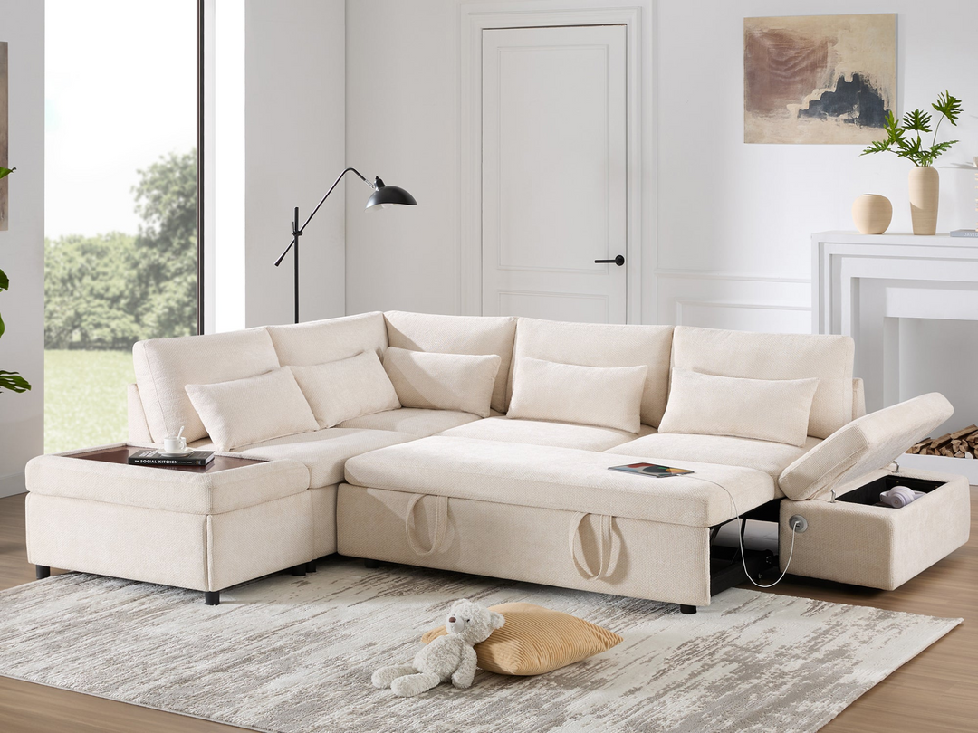 Buy farmhouse furniture Sectional Sleeper Mediterranean Style Farmhouse Sectional Sofa Couch Bed, Pull-Out L-Shape Couch - Modern Cottage Farmhouse Furniture