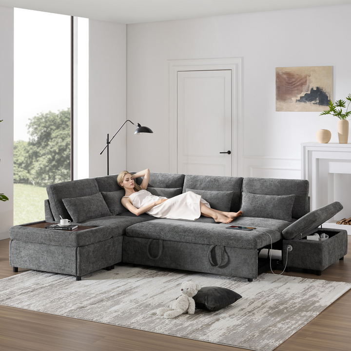 Buy farmhouse furniture Sectional Sleeper Mediterranean Style Farmhouse Sectional Sofa Couch Bed, Pull-Out L-Shape Couch - Modern Cottage Farmhouse Furniture