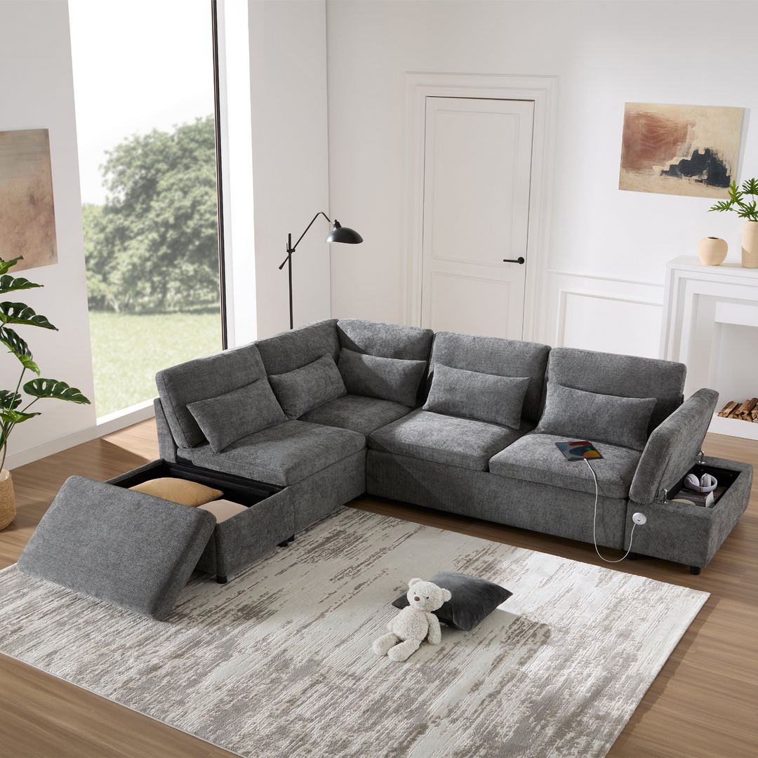 Buy farmhouse furniture Sectional Sleeper Mediterranean Style Farmhouse Sectional Sofa Couch Bed, Pull-Out L-Shape Couch - Modern Cottage Farmhouse Furniture