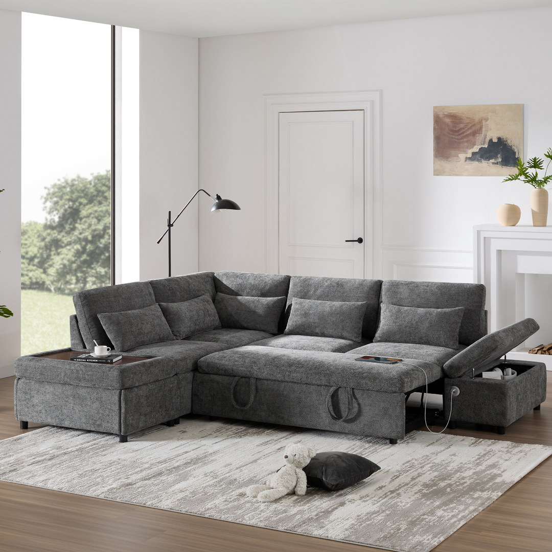 Buy farmhouse furniture Sectional Sleeper Mediterranean Style Farmhouse Sectional Sofa Couch Bed, Pull-Out L-Shape Couch - Modern Cottage Farmhouse Furniture