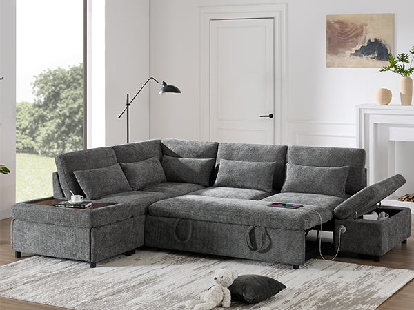 Buy farmhouse furniture Sectional Sleeper Mediterranean Style Farmhouse Sectional Sofa Couch Bed, Pull-Out L-Shape Couch - Modern Cottage Farmhouse Furniture