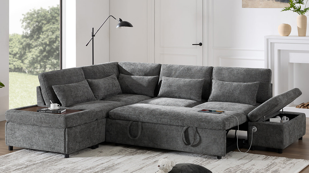 Buy farmhouse furniture Sectional Sleeper Mediterranean Style Farmhouse Sectional Sofa Couch Bed, Pull-Out L-Shape Couch - Modern Cottage Farmhouse Furniture