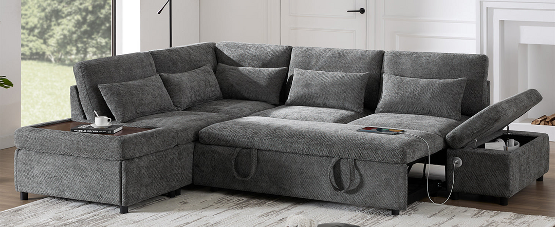 Buy farmhouse furniture Sectional Sleeper Mediterranean Style Farmhouse Sectional Sofa Couch Bed, Pull-Out L-Shape Couch - Modern Cottage Farmhouse Furniture