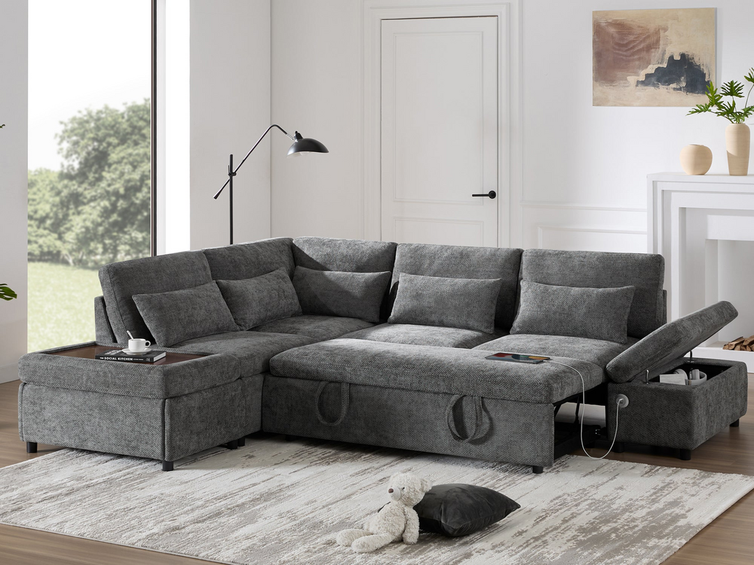 Buy farmhouse furniture Sectional Sleeper Mediterranean Style Farmhouse Sectional Sofa Couch Bed, Pull-Out L-Shape Couch - Modern Cottage Farmhouse Furniture