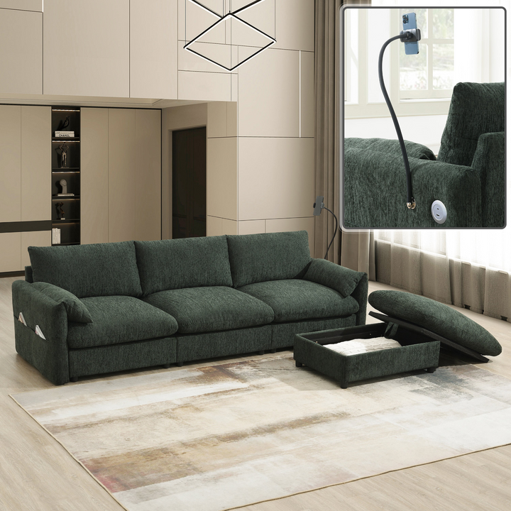 Buy farmhouse furniture L-Shaped Sectional Sofa with Storage Ottoman, Adj. Phone Holder, USB Charger, Pockets - Modern Cottage Farmhouse Furniture