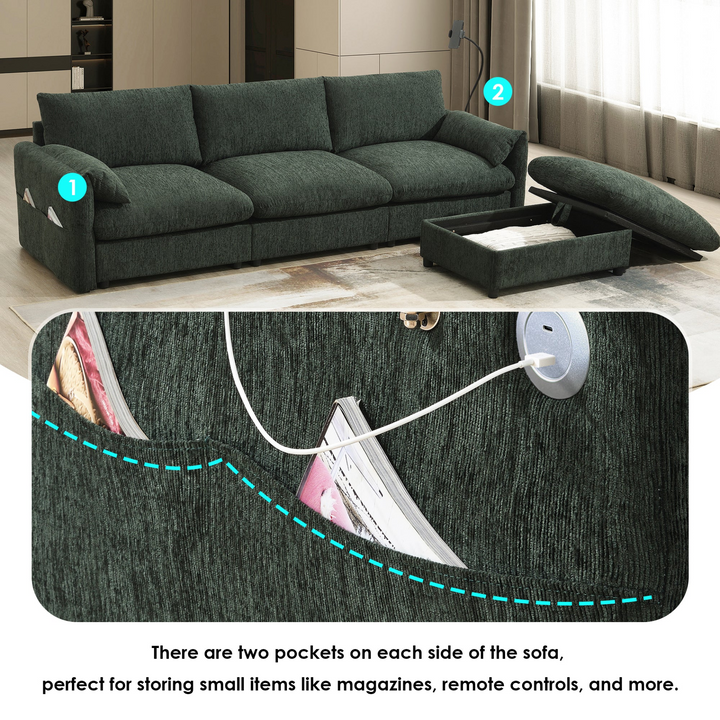 Buy farmhouse furniture L-Shaped Sectional Sofa with Storage Ottoman, Adj. Phone Holder, USB Charger, Pockets - Modern Cottage Farmhouse Furniture