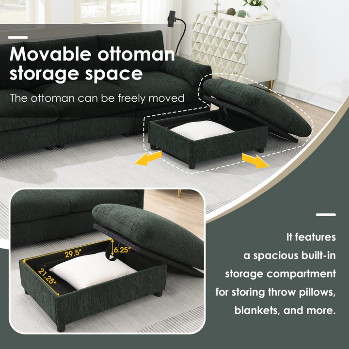 Buy farmhouse furniture L-Shaped Sectional Sofa with Storage Ottoman, Adj. Phone Holder, USB Charger, Pockets - Modern Cottage Farmhouse Furniture