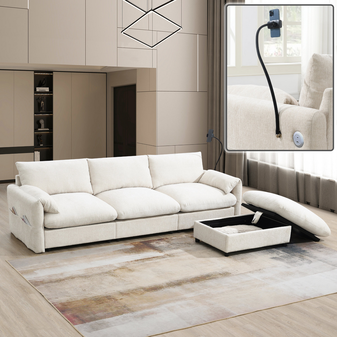 Buy farmhouse furniture L-Shaped Sectional Sofa with Storage Ottoman, Adj. Phone Holder, USB Charger, Pockets - Modern Cottage Farmhouse Furniture