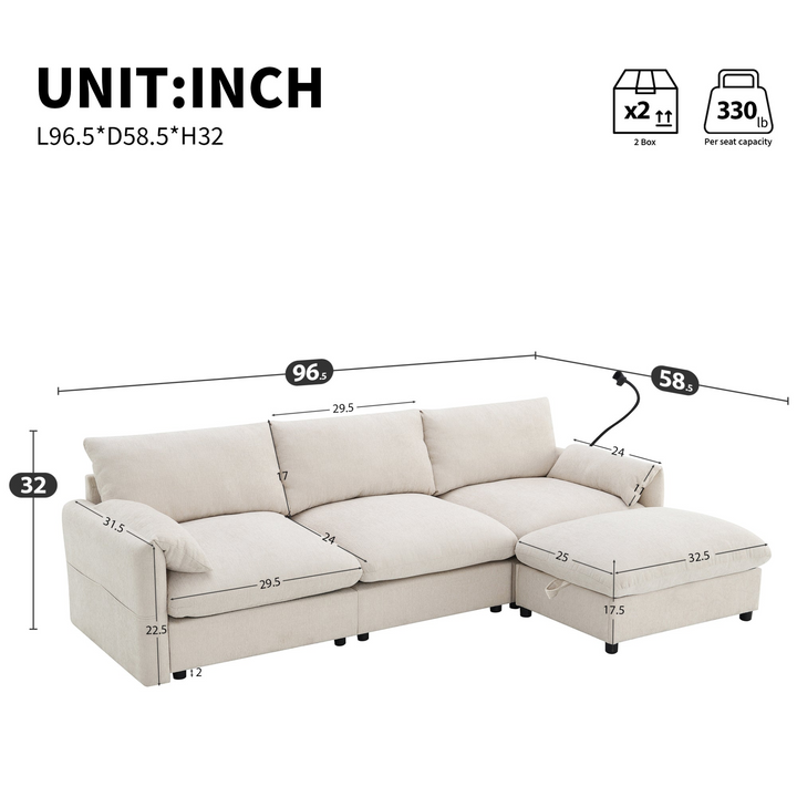 Buy farmhouse furniture L-Shaped Sectional Sofa with Storage Ottoman, Adj. Phone Holder, USB Charger, Pockets - Modern Cottage Farmhouse Furniture