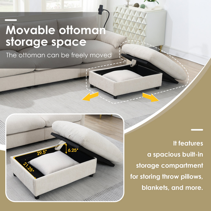Buy farmhouse furniture L-Shaped Sectional Sofa with Storage Ottoman, Adj. Phone Holder, USB Charger, Pockets - Modern Cottage Farmhouse Furniture