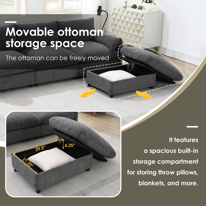 Buy farmhouse furniture L-Shaped Sectional Sofa with Storage Ottoman, Adj. Phone Holder, USB Charger, Pockets - Modern Cottage Farmhouse Furniture